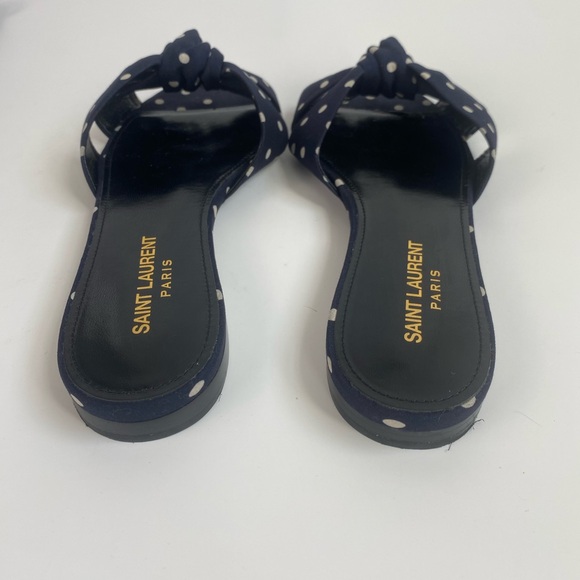 Saint Laurent Bianca Navy Knotted Polka-Dot Slides - Picture 4 of 7